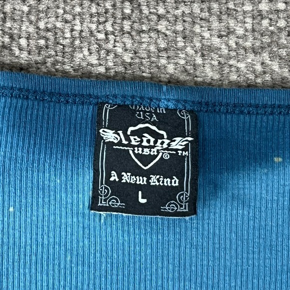 Y2K Sledge USA A New Kind Blue Tie Dye Graphic Print V Neck Ribbed Tee Top L - Picture 2 of 6